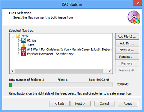 Add Files/Folders for ISO Creation & Start ISO Creation